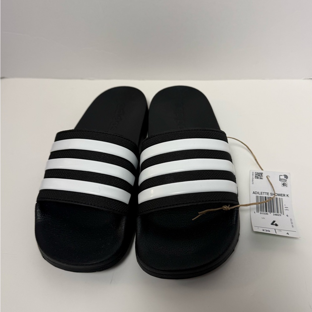 Adidas Black and White Striped Big Kid Unisex Slides Size 4